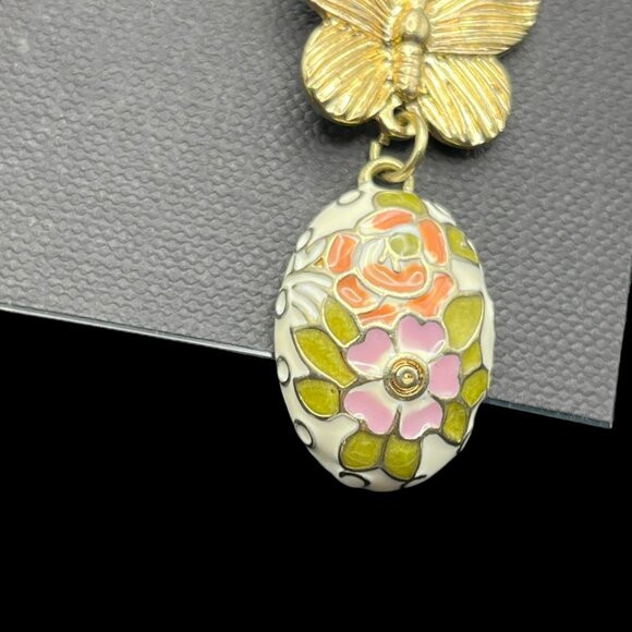 Vintage Cookie Lee Earrings Dangle Butterfly Floral Egg Cloisonné Gold Tone NEW - Picture 4 of 8